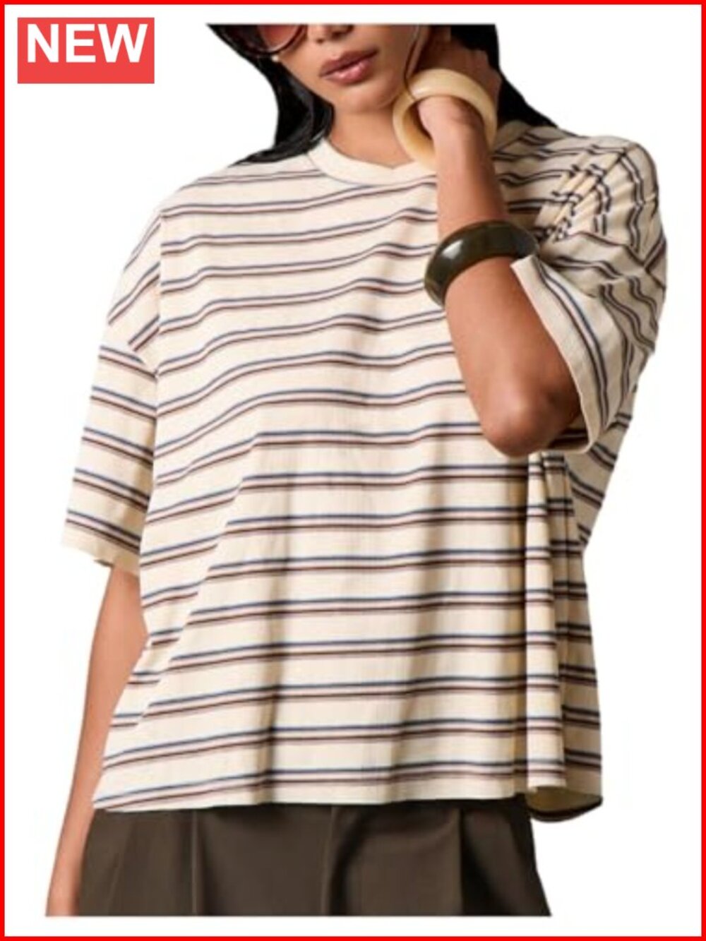Oversized Striped Ribbed Knit T Shirt Crew Neck Short Sleeve Y2K Going Out Top